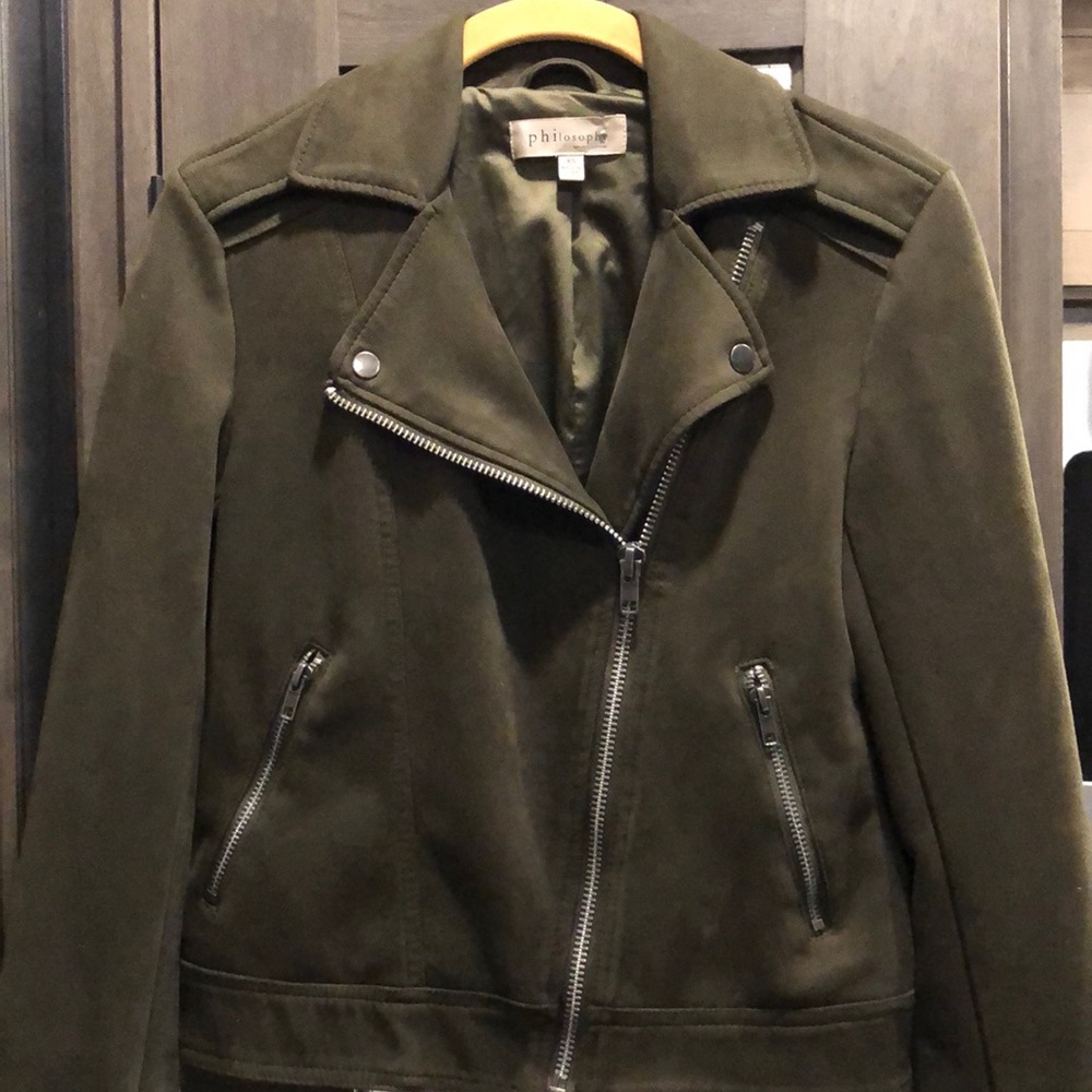 Philosophy Olive Green Faux Leather Zipper Jacket Size XS